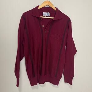 Vintage 100% Wool Soft Collared Long Sleeve Sweater Half Button Burgundy Red 38